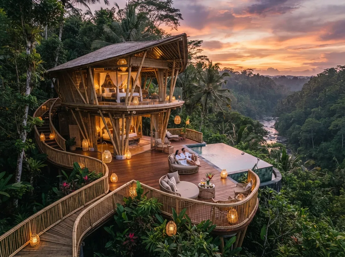 Curved petung bamboo treehouse suite overlooking Ubud valley at dusk